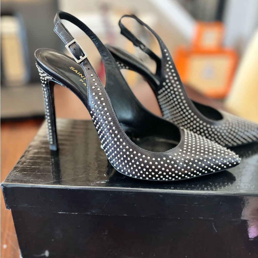 Elegant Saint Laurent Black Studded Slingback Heels